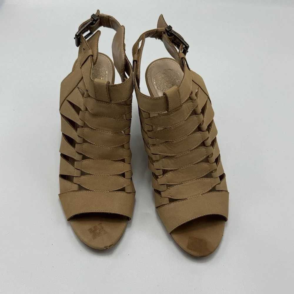 Vince Camuto Womens 9‎ Suede Leather Peep Toe Shoes High Heel Block Buckle Strap